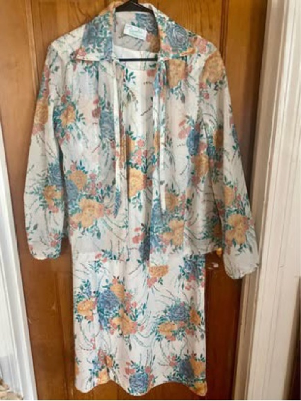 Floral Tie-Neck Dress with Matching Jacket - Cream & Peach